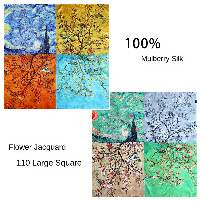 Oil Painting Splicing Double-sided Different Color Silk Flower Scarf Square Shawl 44*44 Inch