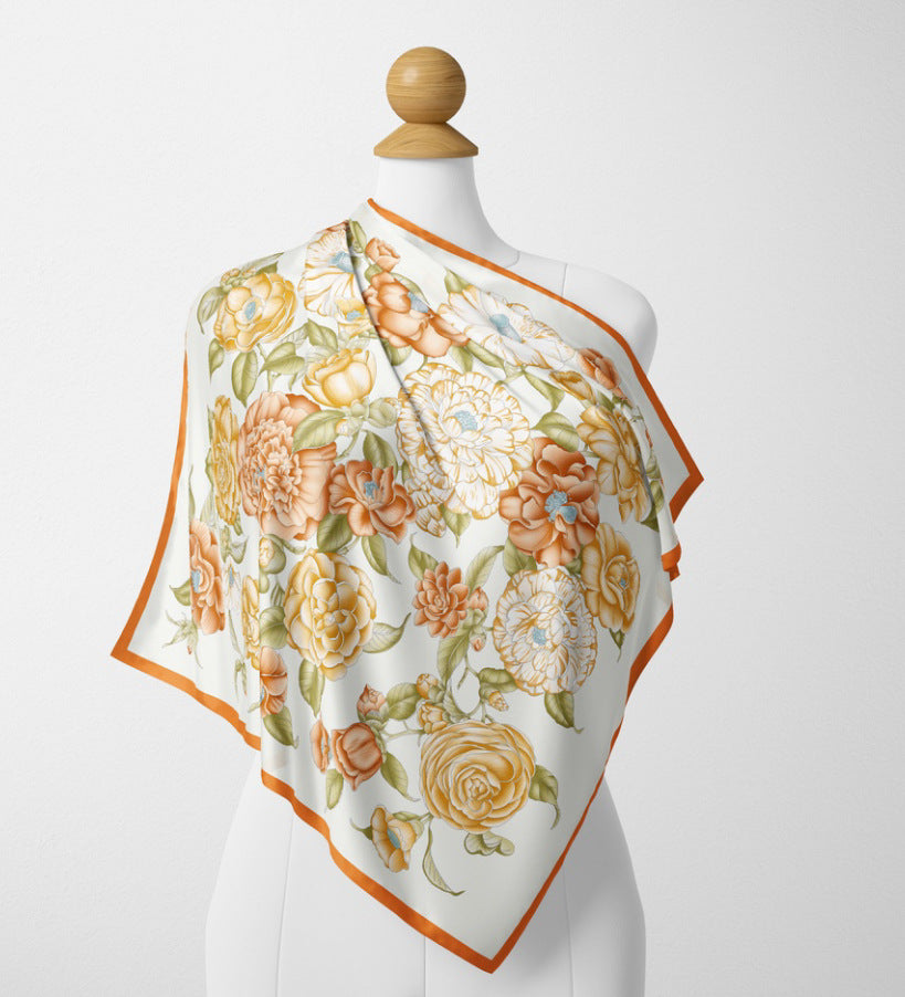 Camellia blooms gold   silk scarf