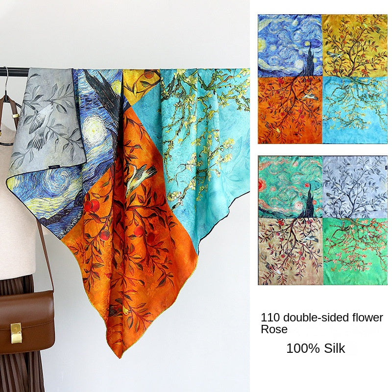 Oil Painting Splicing Double-sided Different Color Silk Flower Scarf Square Shawl 44*44 Inch