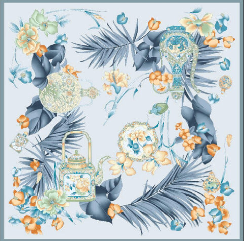 Moonlight Flower Creek Sky Blue Silk Scarf