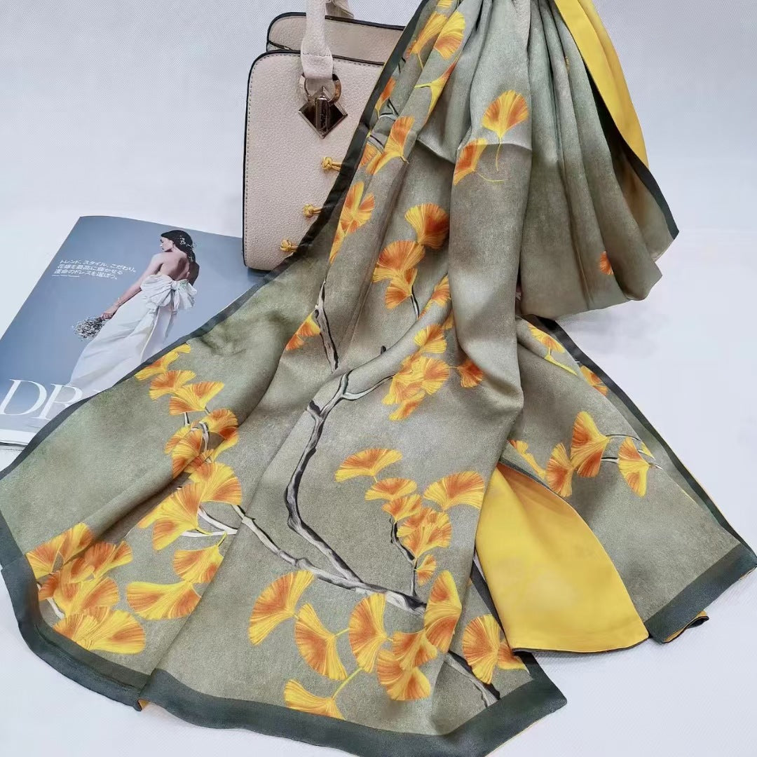 Women's Double-layer Buttoned Silk Shawl Scarf High-end Scarf   69*21 inch