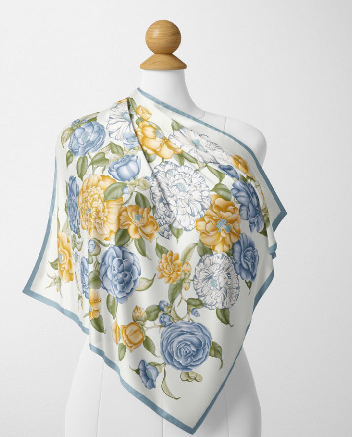 Camellia blooms blue silk scarf