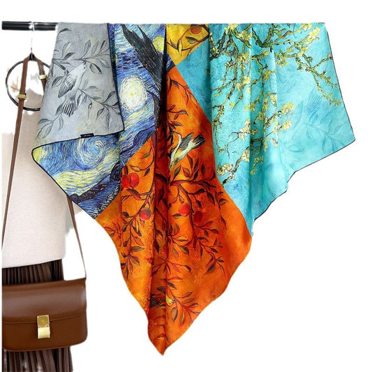 Oil Painting Splicing Double-sided Different Color Silk Flower Scarf Square Shawl 44*44 Inch