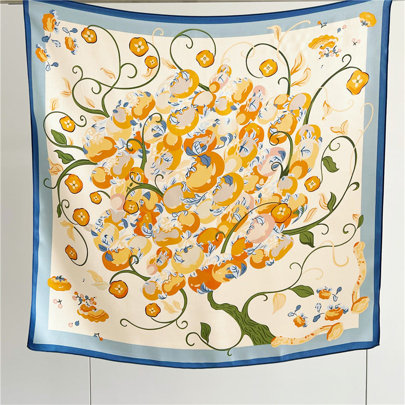  a light yellow flowers  silk scarf blue edge 