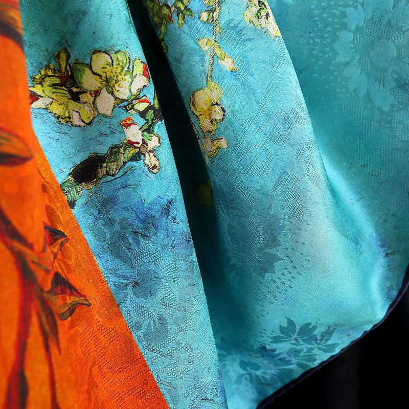 Oil Painting Splicing Double-sided Different Color Silk Flower Scarf Square Shawl 44*44 Inch