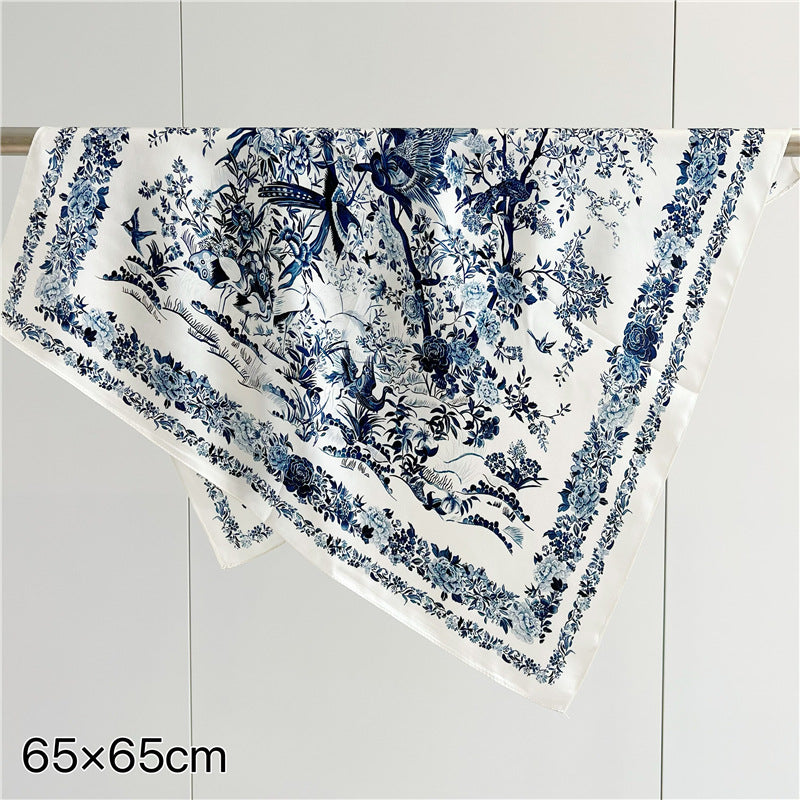 birds and flowers in blue  silk scarf